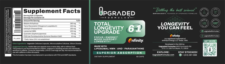 Upgraded Formulas® Total Longevity Upgrade supplement bottle with 60 capsules, featuring a sleek label design.