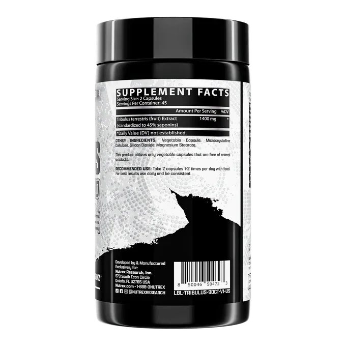 Tribulus Tribulus-SFP.webp: Close-up of Nutrex Tribulus 1400 testosterone booster capsules in a bottle, supplement for muscle and energy support.
