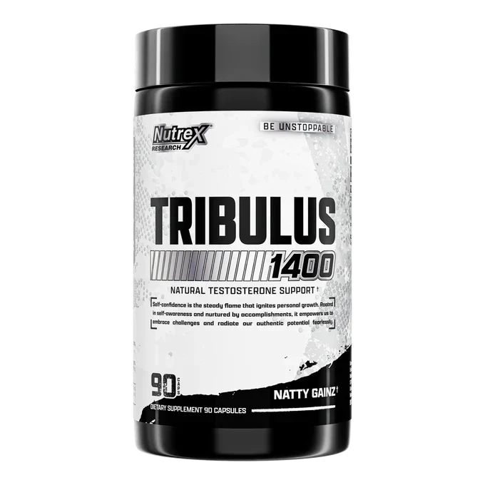 Tribulus Tribulus_b06b235d-814e-4565-9d0c-438f9a7cb2b8.webp, bottle of Nutrex Tribulus 1400 testosterone booster capsules with label.