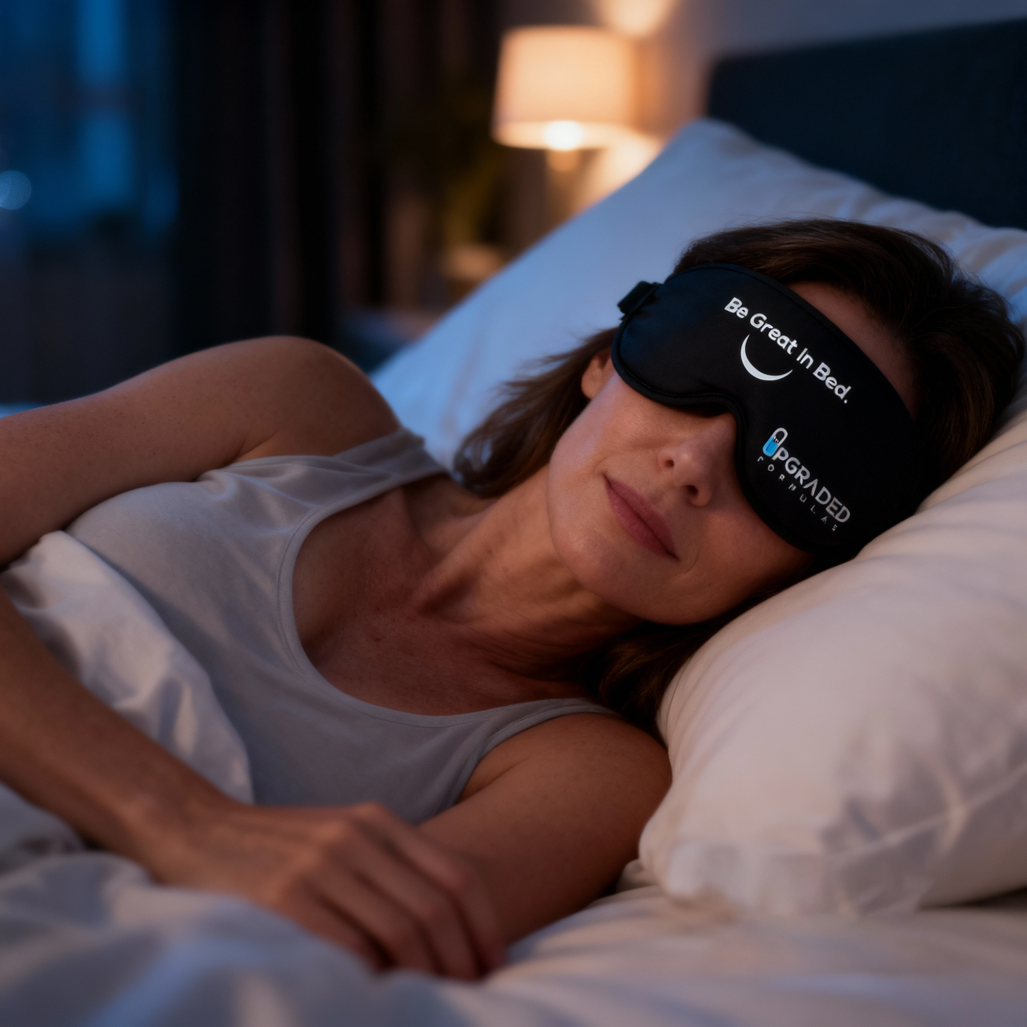Upgraded Formulas Be Great In Bed Sleep Mask in soft fabric with adjustable strap for comfortable sleep.
