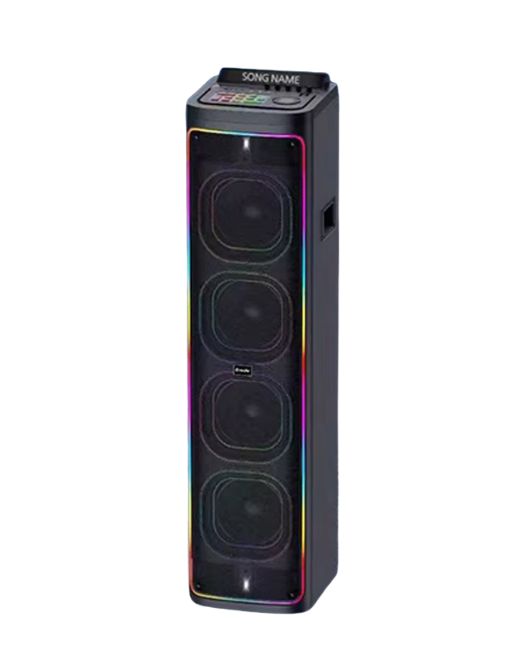 Farmacias Savia karaoke speaker with built-in microphone and colorful LED lights, ideal for parties and entertainment.