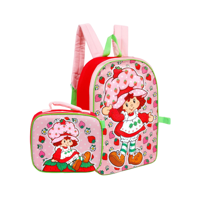 Strawberry Shortcake mochila with matching lunchbox by Farmacias Savia, featuring cute character design and colorful details.
