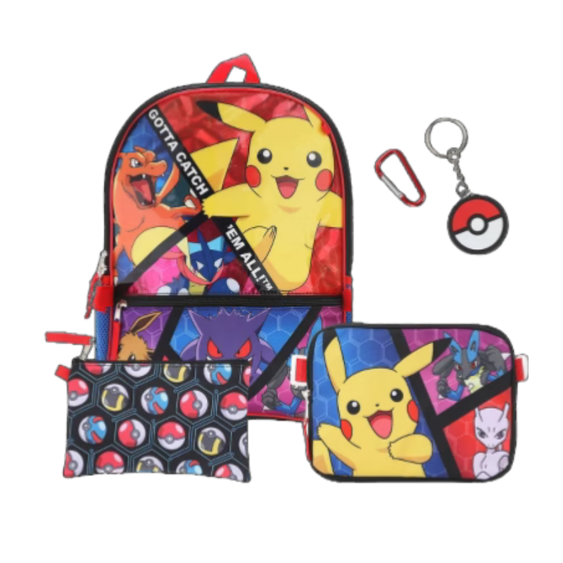 Pokemon-themed backpack with matching lunchbox and pencil case, featuring colorful Pokemon characters and adjustable straps.