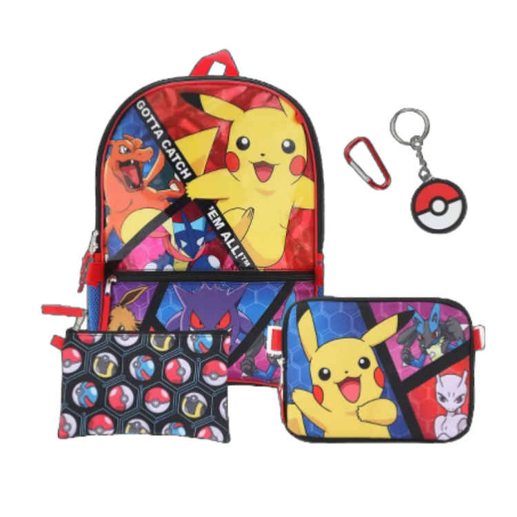 Pokemon-themed backpack with matching lunchbox and pencil case, featuring colorful Pokemon characters and adjustable straps.