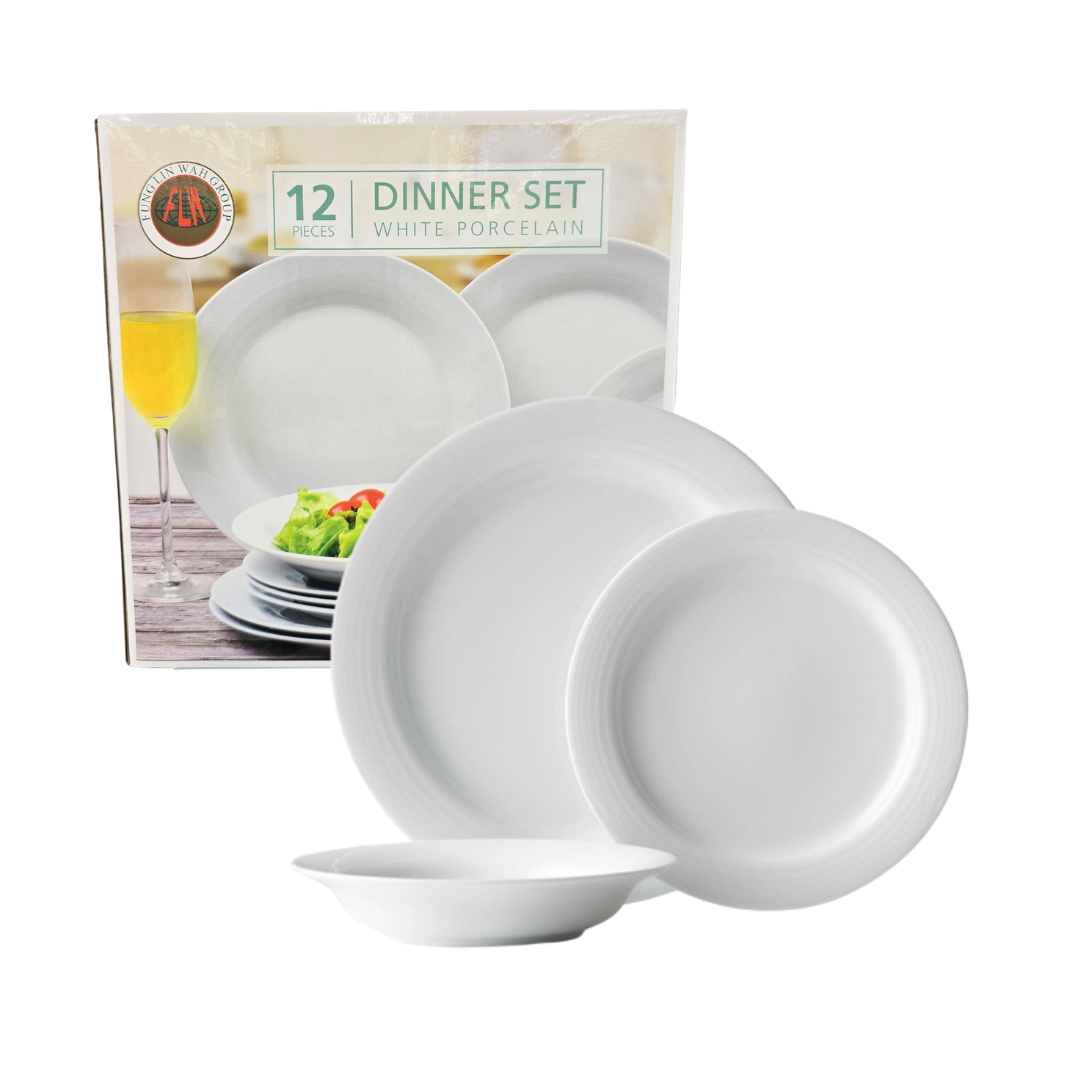 Farmacias Savia 12-piece porcelain dinnerware set with plates, bowls, and mugs arranged on a table for serving meals.
