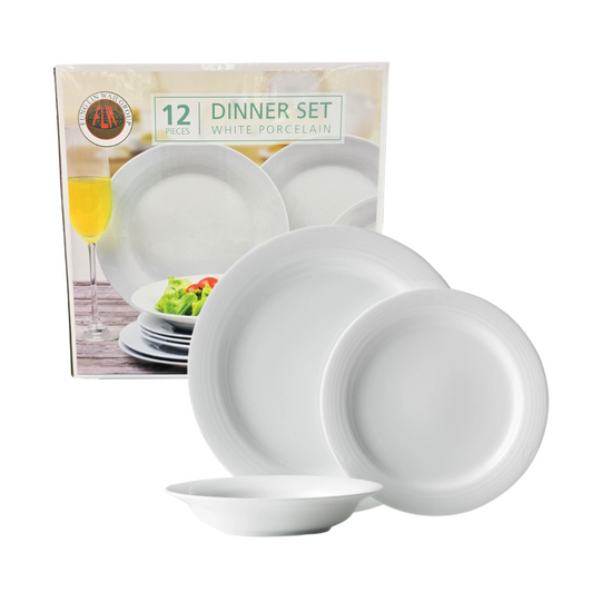 Farmacias Savia 12-piece porcelain dinnerware set with plates, bowls, and mugs arranged on a table for serving meals.