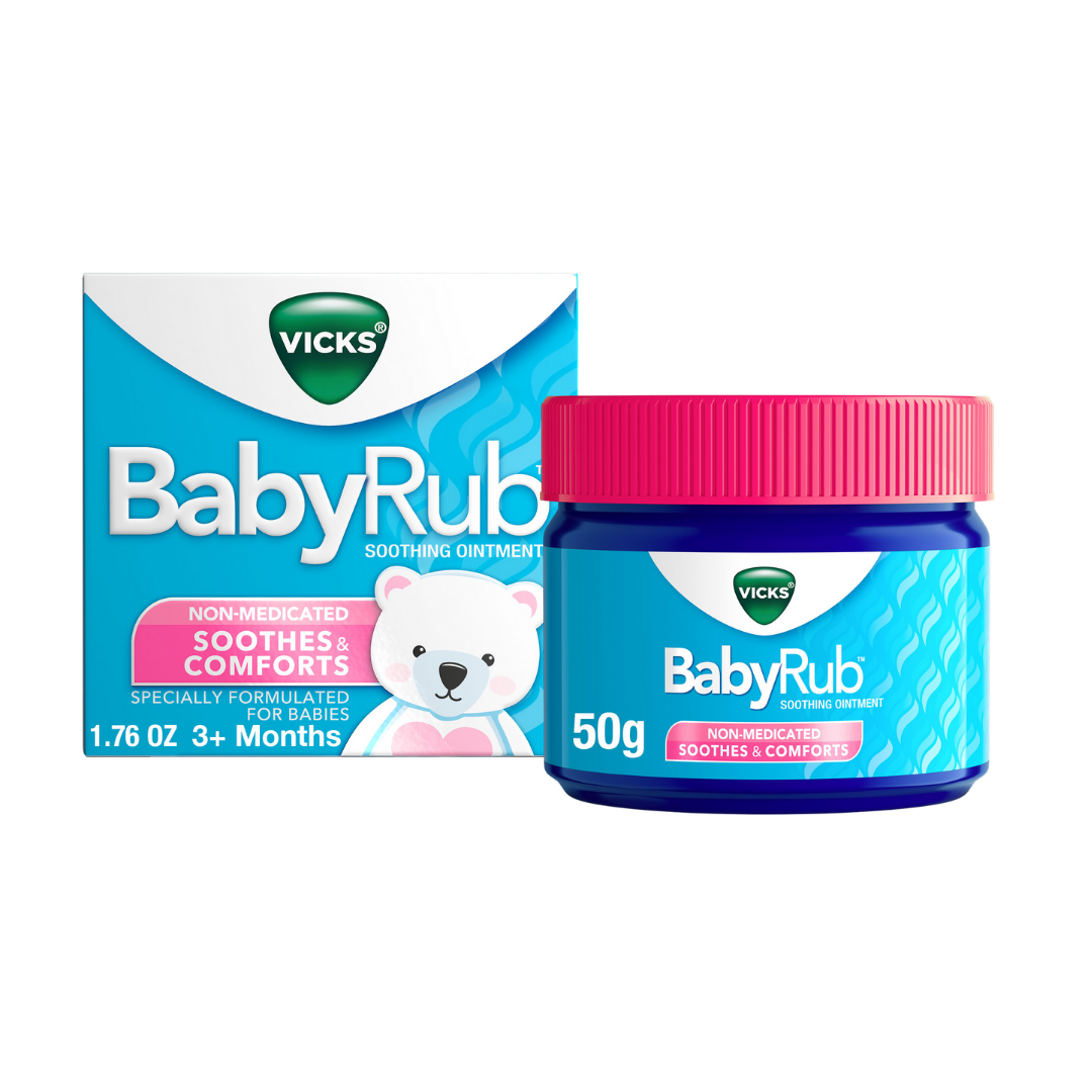 Vicks BabyRub soothing balm for babies in a 1.76 oz jar, with gentle natural ingredients, designed for soothing and comfort.