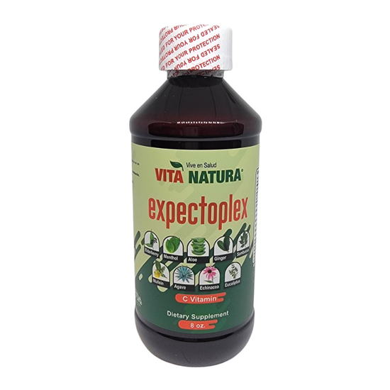 Vita Natura ExpectoPlex C Vitamin Expectorant Syrup in an 8 oz bottle, with a label displaying product details and branding.