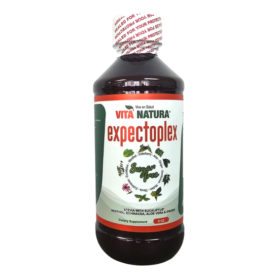 Vita Natura ExpectoPlex Sugar Free Expectorant Syrup in 8 oz bottle, clear liquid with label, by Farmacias Savia.