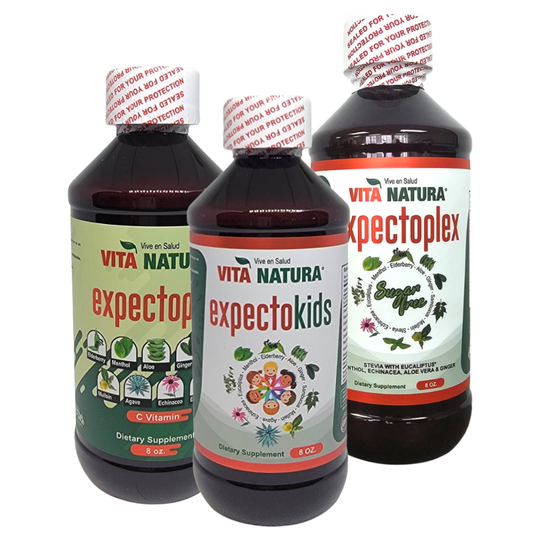 Vita Natura ExpectoPlex expectorant syrup in 8 oz bottle with label displaying product name and brand Farmacias Savia