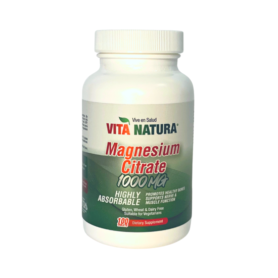 Vita Natura Magnesium Citrate supplement bottle with 100 tablets from Farmacias Savia, featuring label and product details.