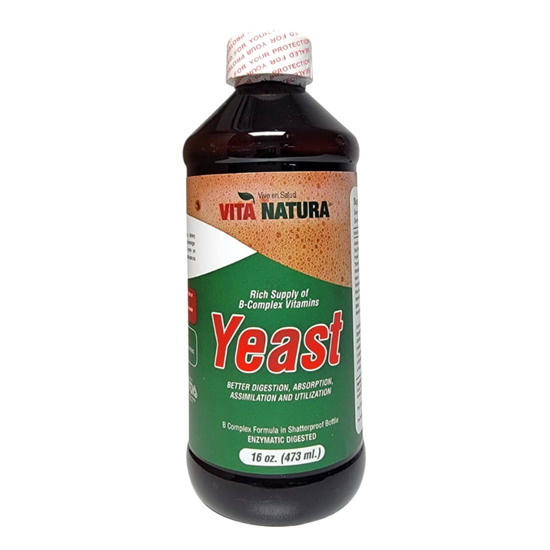 Vita Natura Yeast B-Complex Powder in 16 oz container, featuring colorful label with nutritional information and brand name Farmacias Savia