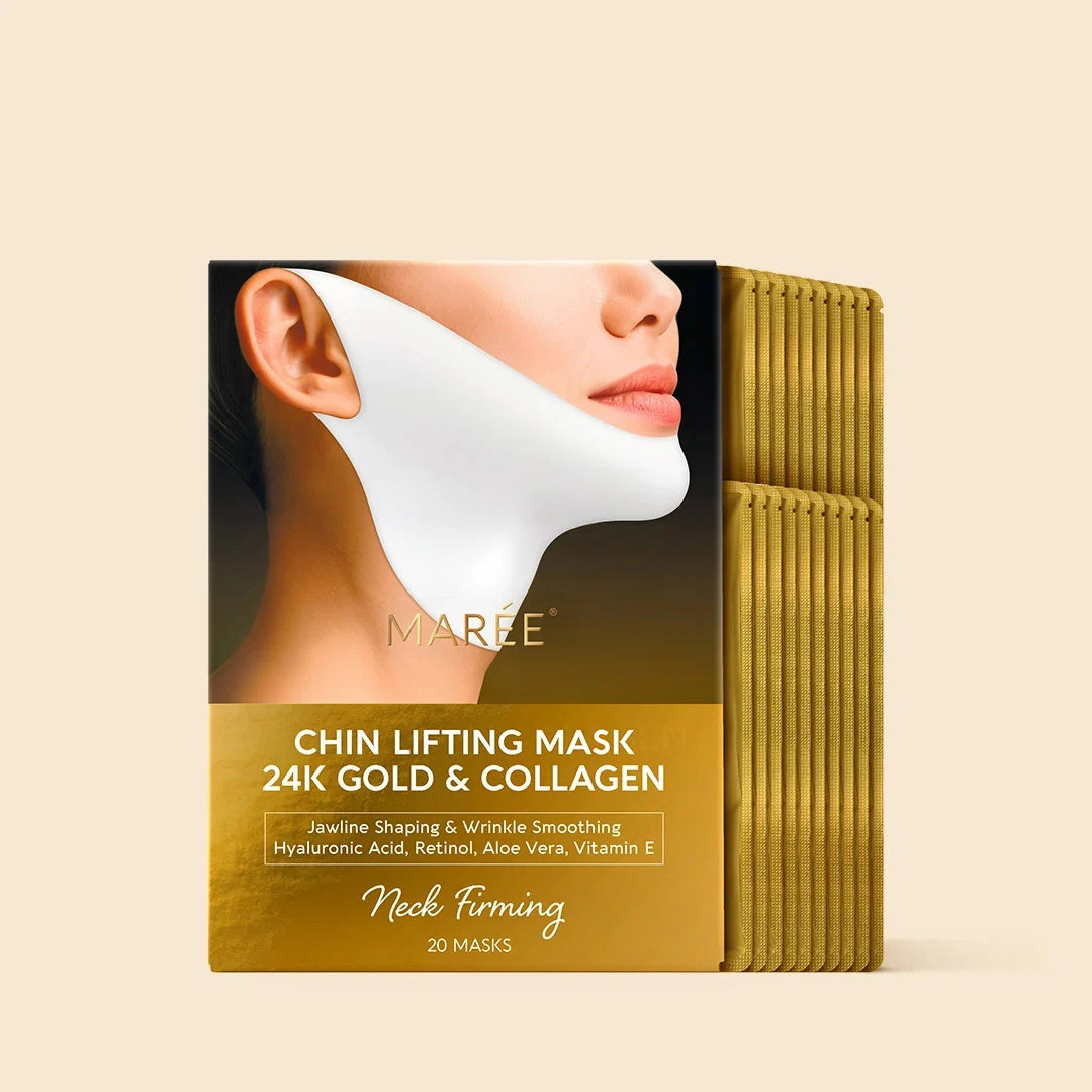Set of 20 Maree 24K Gold V-Line Lifting Masks in individual sachets, designed to improve facial contour and skin firmness.