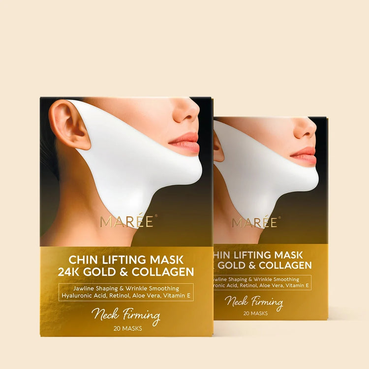 Set of 20 Maree 24K Gold V-Line Lifting Masks, individual sachets with gold-infused skincare for facial lifting and firming.