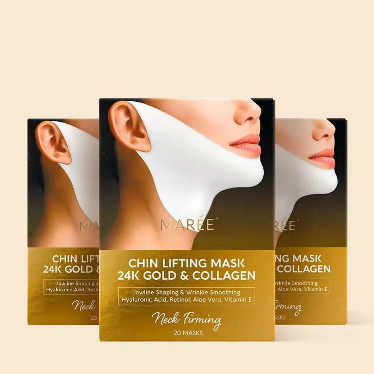 Set of 20 Maree 24K Gold V-Line Lifting Masks displayed in individual sachets with gold accents and branding.