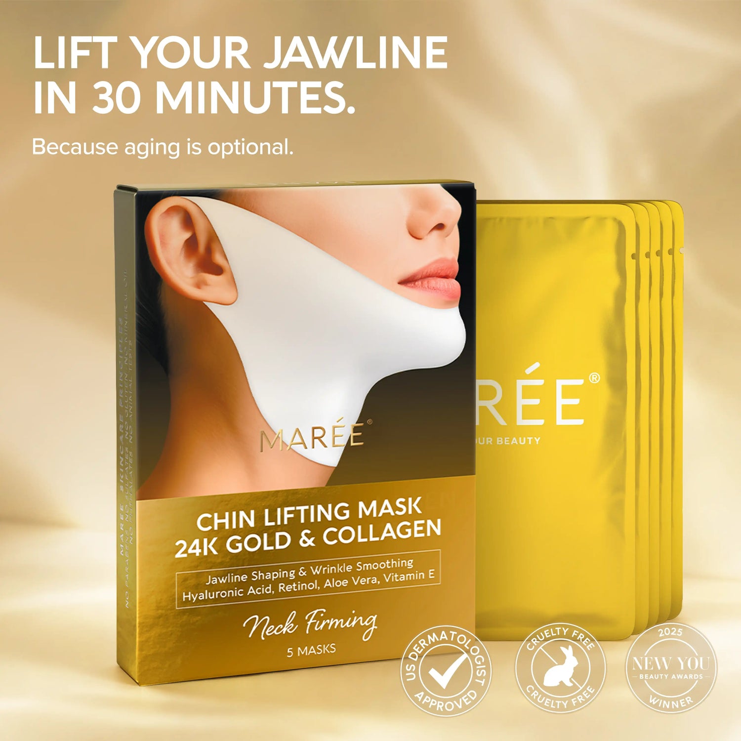 Set of five Maree 24K gold chin and jawline lifting masks showing gold-embellished facial masks for skin tightening.