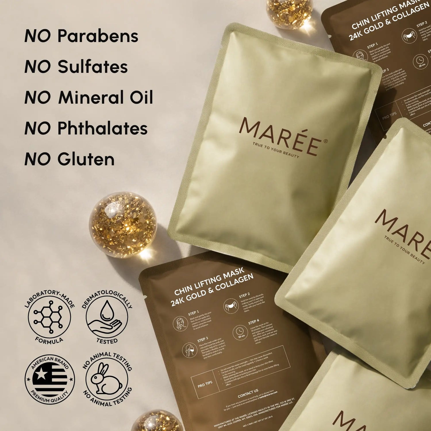 Maree 24K Gold V-Line Lifting Mask set with 20 pieces, featuring gold-infused facial masks for skin tightening and firming.