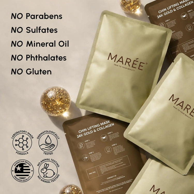 Maree 24K Gold V-Line Lifting Mask set with 20 pieces, featuring gold-infused facial masks for skin tightening and firming.