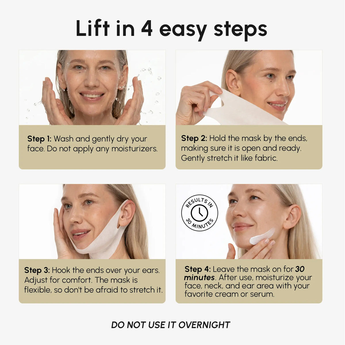 Set of 20 Maree 24K Gold V-Line Lifting Masks with gold foil and skincare serum, designed to firm and lift the jawline.