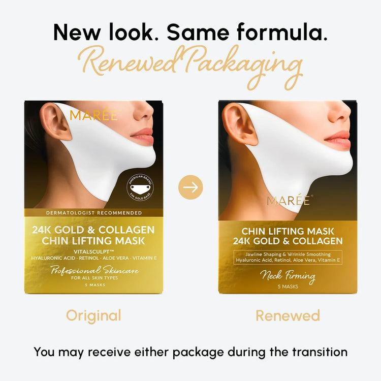 Maree 24K Gold Chin and Jawline Lifting Mask shown in sleek black packaging with gold accents, designed for facial contouring and firming.