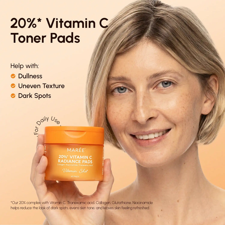 Maree Dark Spot Fading Vitamin C Pads with textured surface and brightening ingredients for skin clarity and evening skin tone
