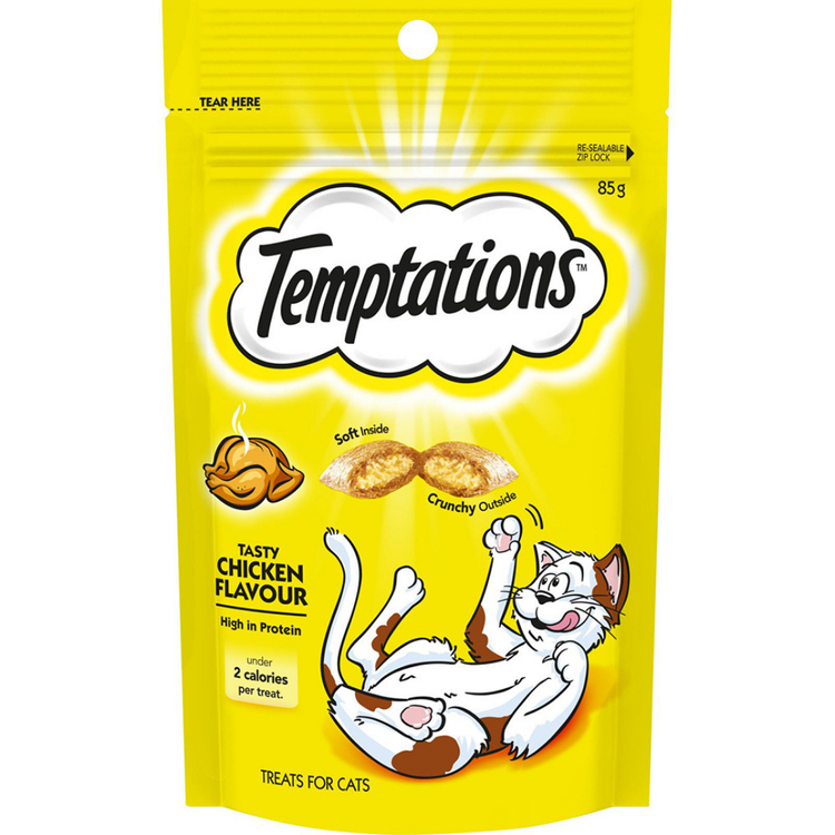 Whiskas Temptations Chicken cat food snack in a 3 oz package, featuring tender chicken treats for cats.