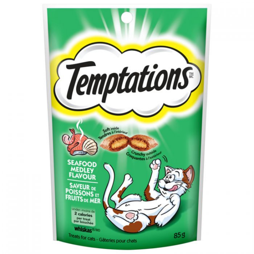 Whiskas Temptations Seafood cat food snack in a 3 oz package, showcasing the flavorful seafood variety for cats.