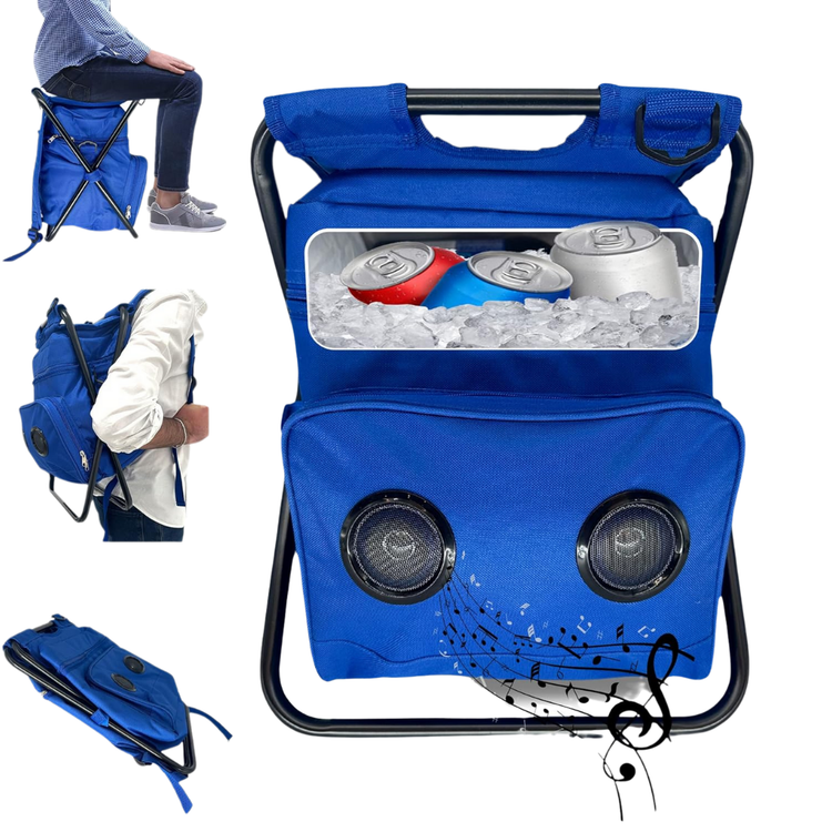 Portable wireless speaker cooler chair backpack from Farmacias Savia, showing a compact chair with integrated speaker and cooler compartments.