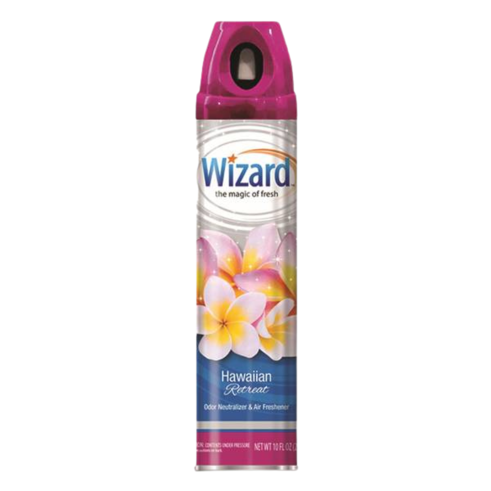 Wizard Hawaiian Retreat air freshener spray in 10oz bottle, Olor y Ambiente by Farmacias Savia with tropical scent.
