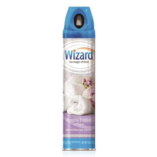 Wizard Air Freshener Spray in Fresh Linen scent, 10oz, Farmacias Savia olor y ambiente air freshener with a clean, fresh linen design