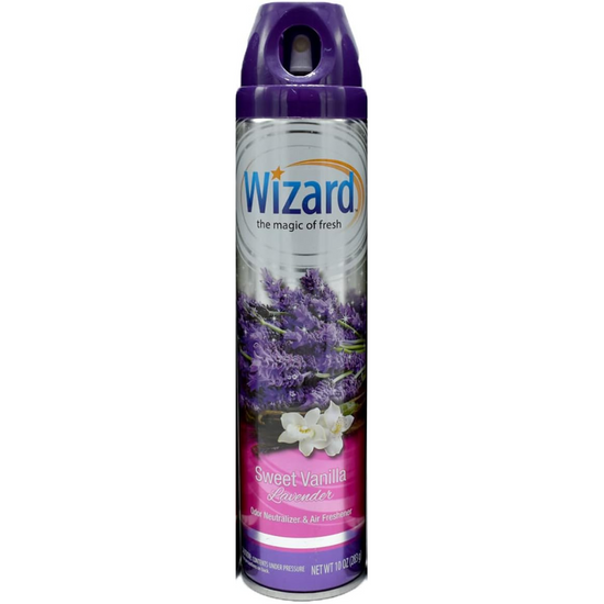 Wizard Air Freshener Spray in Sweet Vanilla scent, 10oz bottle, Farmacias Savia olor y ambiente product, with vanilla fragrance visible.