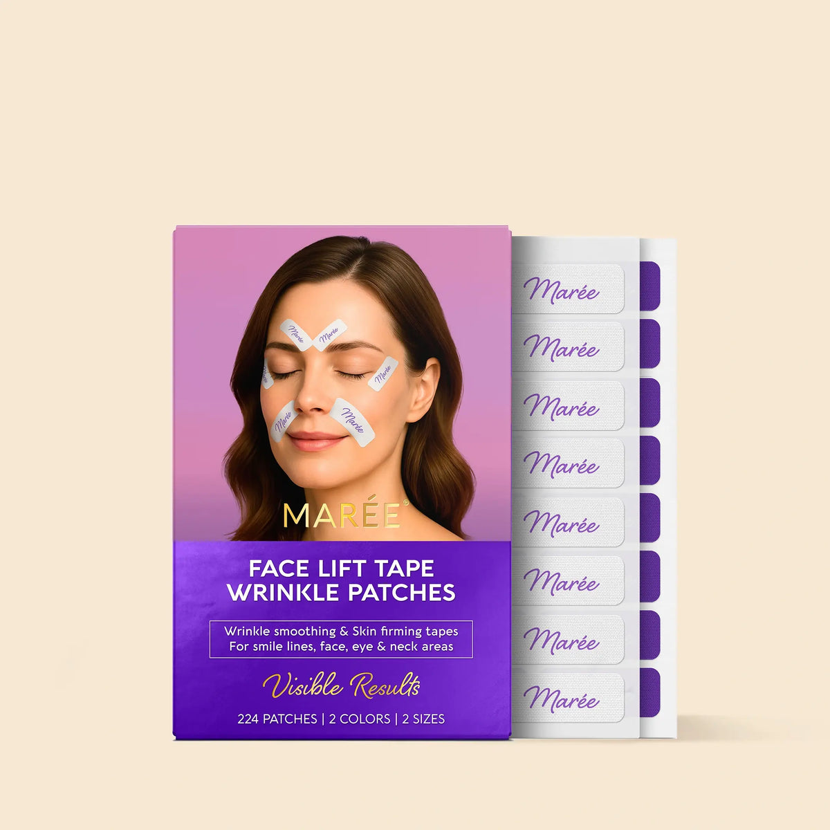 Maree anti-wrinkle tape patches applied to skin showing facial areas for reducing wrinkles and fine lines.