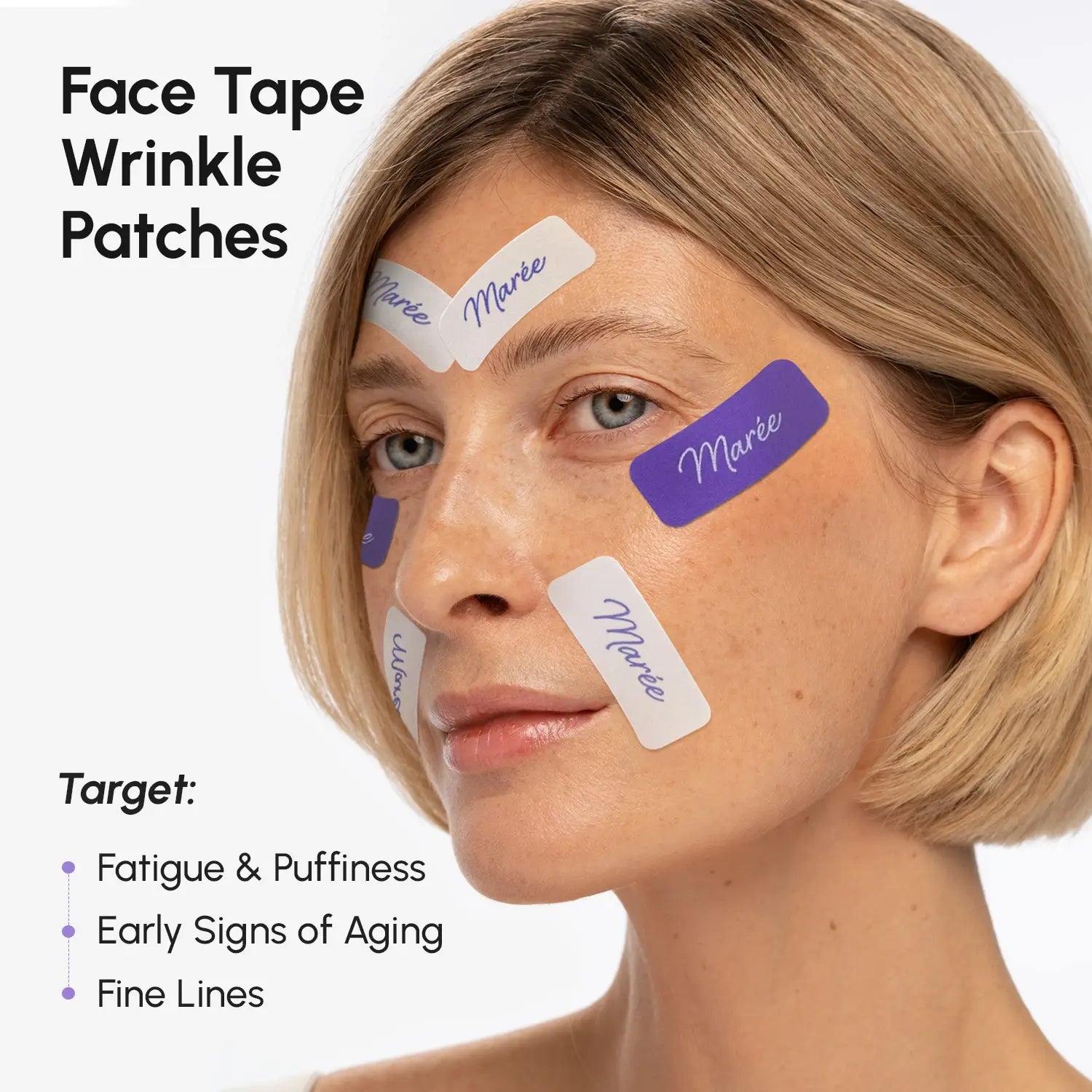 Maree anti-wrinkle tape patches applied to skin showcasing their adhesive and wrinkle-smoothing features