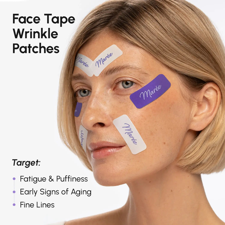 Maree anti-wrinkle tape patches applied to skin showcasing their adhesive and wrinkle-smoothing features