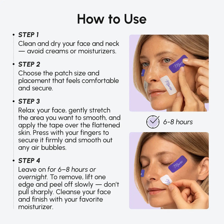 Maree anti-wrinkle tape patches applied to skin, designed to reduce fine lines and wrinkles for a smoother appearance.