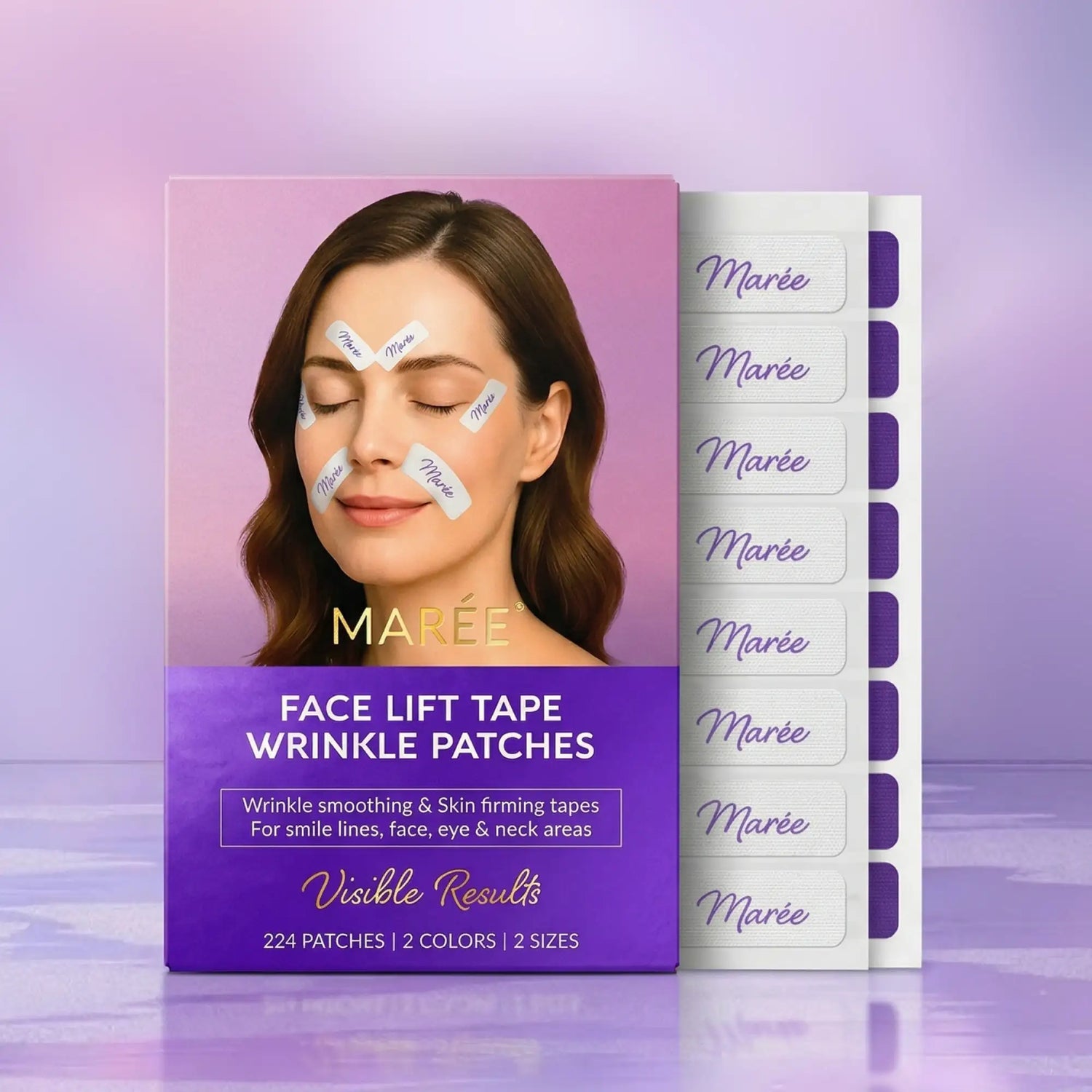 Maree anti-wrinkle tape patches applied to skin showing smoothening effect for reducing fine lines and wrinkles.
