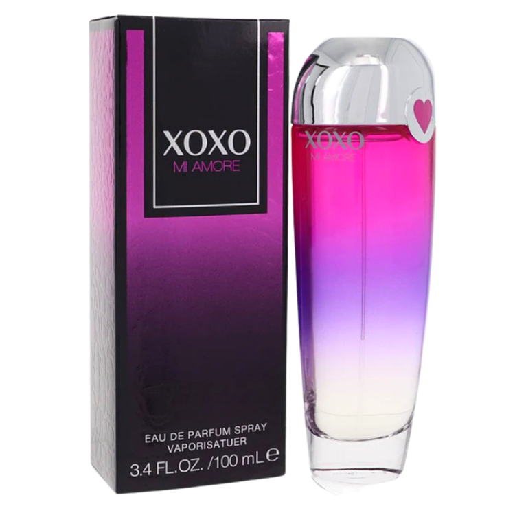 XOXO Mi Amore Eau de Parfum for women, 3.4 oz bottle, featuring floral and fruity fragrance notes.