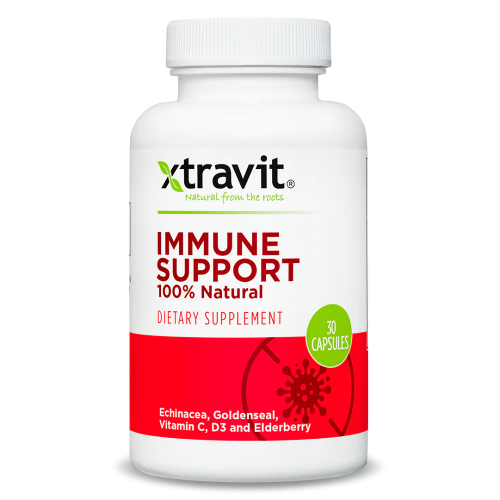 Xtravit Immune Support Capsules, vitamin and supplement bottle with 30 capsules, designed to boost immune health.