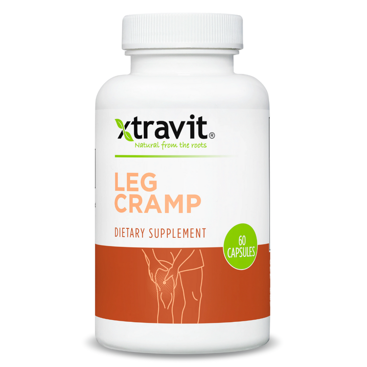 Xtravit Leg Cramp Capsules bottle with 60 capsules, dietary supplement for leg cramps from Farmacias Savia.