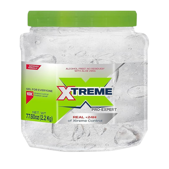 XTREME Pro Expert 24H Ultra Hold Styling Spray for hair, 77.6 oz, with a spray nozzle and clear plastic bottle.