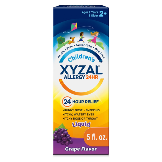 Farmacias Savia XYZAL Allergy 24HR Grape Syrup bottle, 5 oz, with purple liquid and label showing product details.