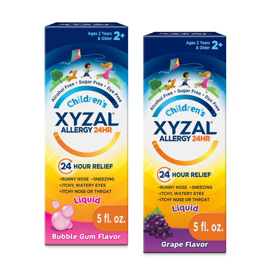 Farmacias Savia XYZAL Allergy 24HR syrup bottle labeled Regular Grape flavor, 5 oz, with bright packaging and dosage info visible.