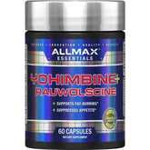 Allmax Yohimbine and Rauwolscine herbal supplement capsules in a bottle, designed for energy and fat loss support.