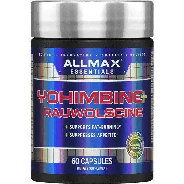 Allmax Yohimbine and Rauwolscine herbal supplement capsules in a bottle, designed for energy and fat loss support.