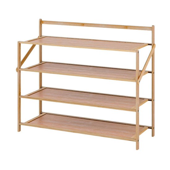 Bamboo 4-tier shoe rack for home storage, black finish, compact design with multiple shelves for organizing footwear.