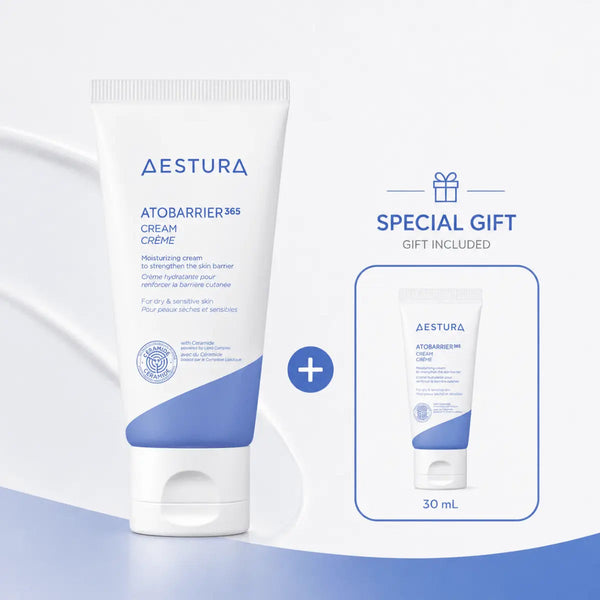Aesthetic AESTURA Atobarrier365 cream jar with white and blue packaging, designed for skin barrier protection and hydration.