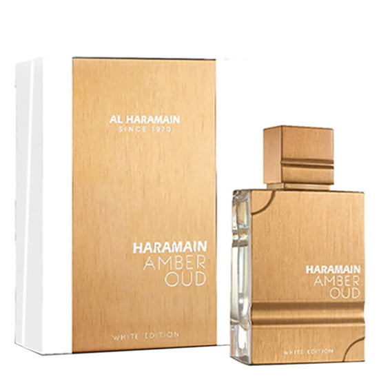Al Haramain Ladies Amber Oud White Edition perfume spray, 2 oz, featuring elegant floral and amber notes in a sleek bottle.