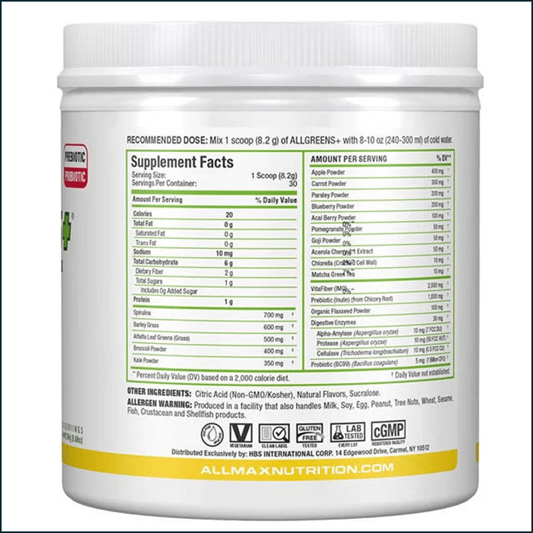 AllMax AllGreens+ vitamins and herbal supplement bottle with nutrition panel, 30 servings, natural health product.
