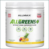 AllMax AllGreens+ multivitamin and herbal supplement in a jar, featuring vibrant greens and natural ingredients for health support.