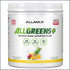 AllMax AllGreens+ multivitamin and herbal supplement in a jar, featuring vibrant greens and natural ingredients for health support.